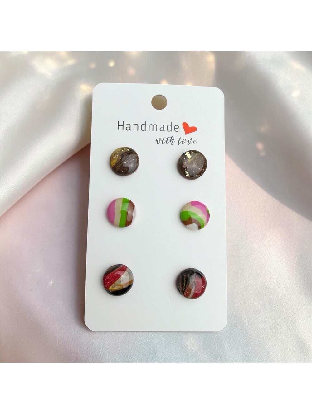 Handmade Polymer Clay Stud Earrings Set 3 Pairs Round Marbled Multicolor Unique